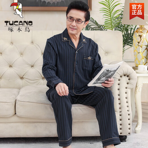 Дятел (TUCANO) летняя мужская рубашка, мужской хлопковый кардиган для дедушки, футболка с длинными рукавами, тонкий кардиган для папы среднего и пожилого возраста, весенне-осенний весенне-осенний костюм Ming 3523, полосатый синий XL (подходит для 150-170 Джин Цзинь равен 0,5 кг)