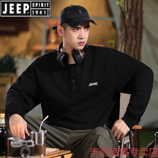 JEEP SPIRIT American heavyweight Henry collar sweatshirt men's new casual long-sleeved T-shirt autumn and winter pure cotton bottoming shirt men's trendy military green M 100-120Jin Jin equals 0.5 kg