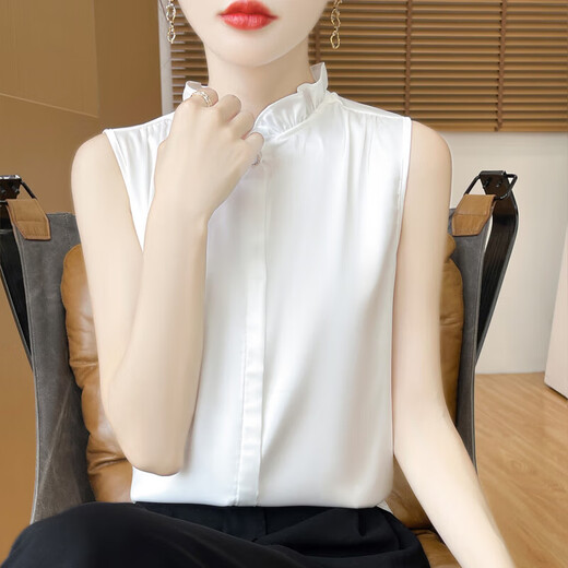 Light luxury and high-end smooth satin shirt for women, sleeveless inner layer with suit vest top, lace for age reduction, white XL 110-120Jin Jin is equal to 0.5 kg