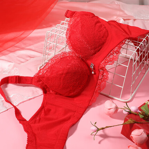 Eve's Show Red Underwear Women's Small Breasts Push Up Big Bra Panties 2026 Wedding Bride's Zodiac Year Set Big Red Set (3721) 75A /34A