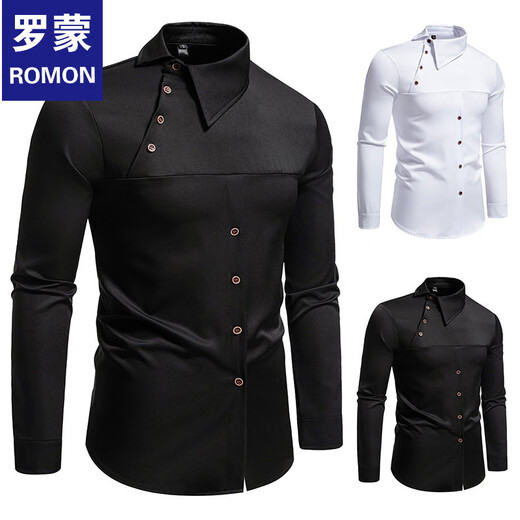 ROMON 2025 new men's European size personalized inclined button Henry collar long-sleeved shirt men's casual shirt white M
