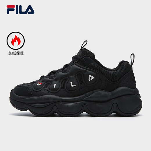 FILA official women's shoes pea plus velvet shoes dad shoes 2025 winter new casual thick-soled sports shoes black-BK 37.5