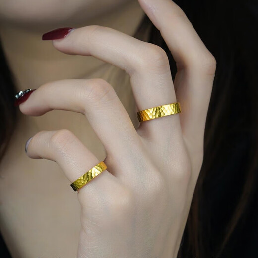 Luanjie 9999 pure gold-plated gold pure silver ring ancient method inheritance hammer pattern pair ring live solid ring for men and women men's ring gold weight about 0.2 gift box gift bag