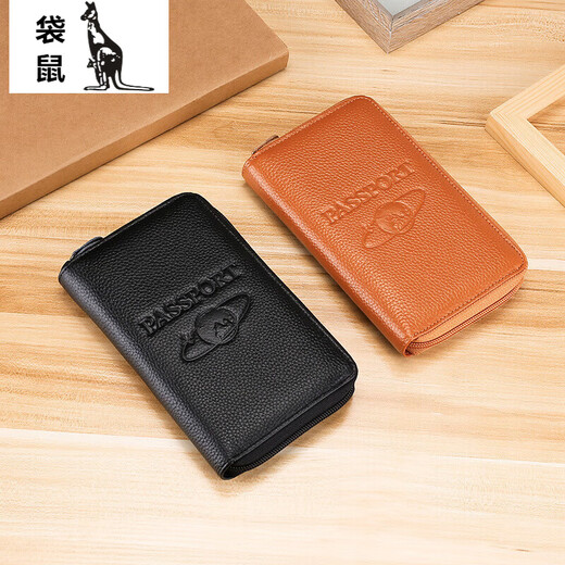 袋鼠（KANGAROO）护照包头层牛皮出国旅游钱包rfid护照本防盗刷卡位证件包 黑色