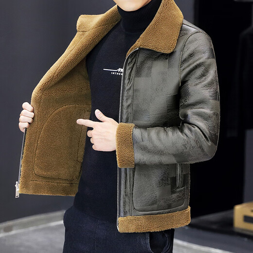 Goldlion leather jacket men's winter velvet thickened Korean style trendy lamb wool double-sided cotton coat and fur integrated winter jacket trendy gray M