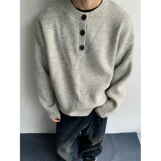 Muwei American retro Henry collar cardigan sweater men's autumn and winter style lazy high-end casual versatile knitted top Gray M recommended 90-110Jin Jin equals 0.5 kg