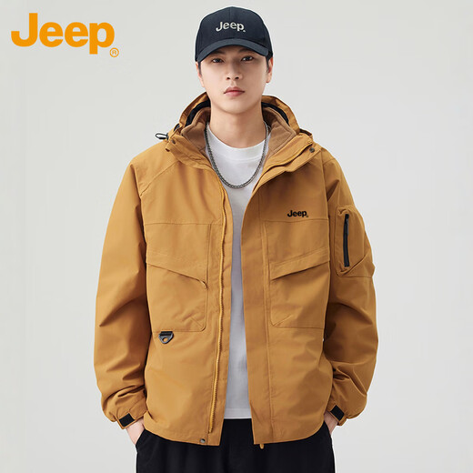 Jeep (JEEP) Jacket Men's Autumn and Winter Three-in-One Jacket Workwear Polar Fleece Warm Men's Jacket Amber Gold XL
