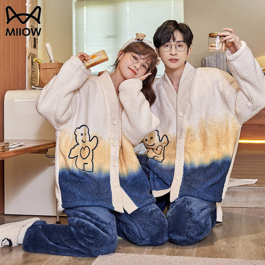 MiiOW couple pajamas autumn and winter style coral velvet V-neck cardigan for men and women thickened velvet flannel home wear set female B6119 male B6120 M female