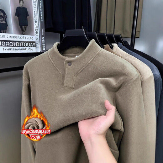 AX one-button double-sided Austrian velvet sweatshirt for men in autumn and winter new Henry collar plus velvet thickening outer wear inner top black M (recommended 95-110Jin Jin equals 0.5 kg)