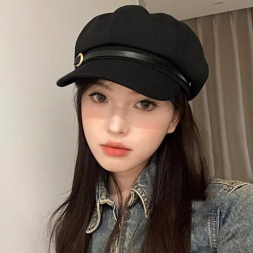 Jin Jin is equal to 0.5 kg Mu Beret Women's 2025 Autumn and Winter New Japanese Retro Newsboy Hat Versatile Big Head Circumference Painter Octagonal Navy Hat Black One Size Brim Leather