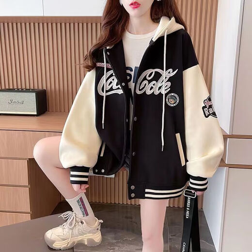 Girls' hooded jacket autumn and winter 2025 new children's fashionable medium and large children's fashionable baseball uniform sports autumn clothing plus velvet black thickened alpaca 170 (recommended height is about 160cm)