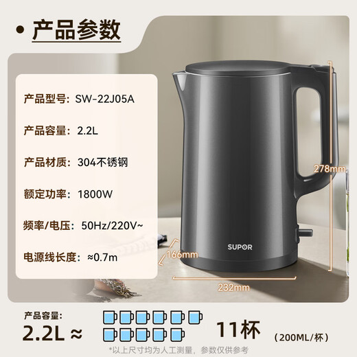 SUPOR hot water kettle electric kettle 2.2L large capacity all-steel seamless double-layer anti-scalding electric kettle 304 stainless steel 1800W high power SW-22J05A