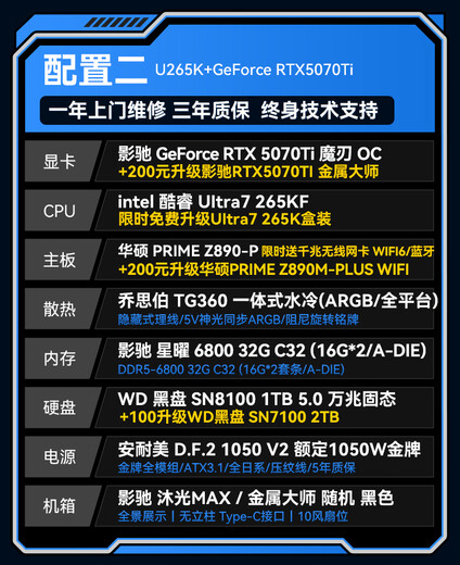GALAX Intel Ultra 7 265K/285K/i7 14700KF/RTX5070Ti/5080 design AI drawing video rendering game desktop computer host complete machine configuration two U7 265K | RTX5070Ti