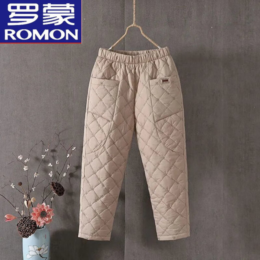 ROMON thickened large/size down cotton pants for women 2024 autumn and winter outer wear high-waisted loose casual straight pants warm cotton pants KG 4789# Brown XL 115-130Jin Jin equals 0.5 kg