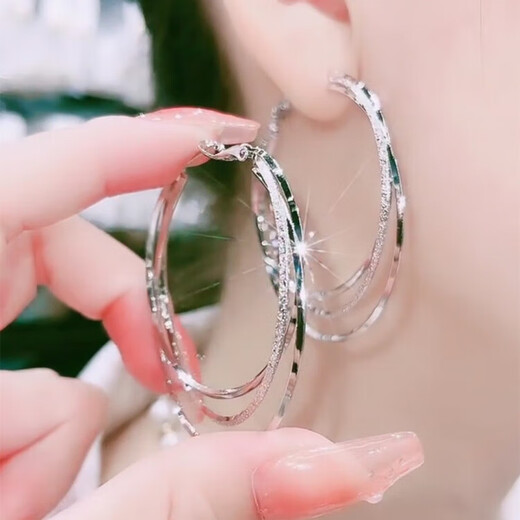 Buhesyt old Phoenix 999 imitation silver pure silver Sansheng III large ear hoop earrings for women and buckle versatile earrings silver diameter 4cm