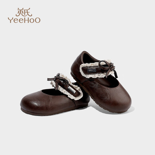 YEEHOO children's shoes girls' flat shoes 2025 autumn new soft-soled princess shoes children's bean shoes little girls leather shoes brown size 30 - suitable for feet 18.8-19.1cm long