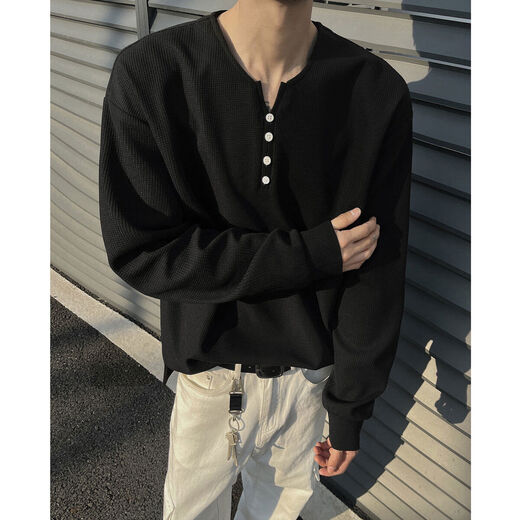 Jingyan selects waffle henley collar T-shirt bottoming shirt for men in spring and autumn trendy brand cleanf long-sleeved white black upgraded model M M95 to 115Jin Jin is equal to 0.5 kg and can be worn