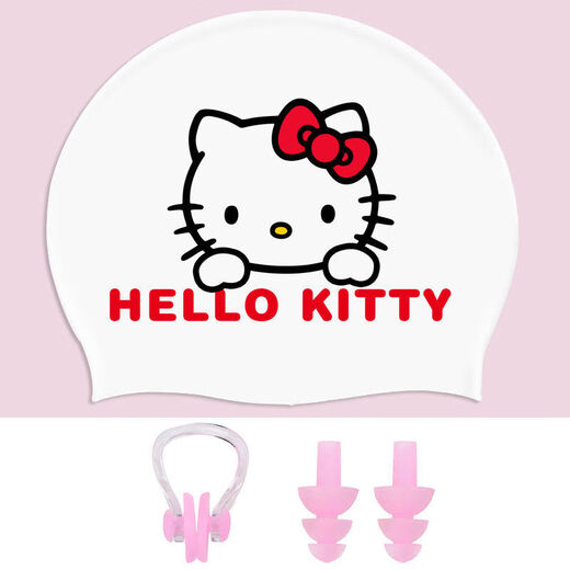 Hello kt swimming cap for women, special waterproof, long hair, big head circumference, high elasticity, cute swimming cap, good appearance, white Kitty cat swimming cap + pink nose clip earplugs, long-wearing, waterproof and anti-chlorine