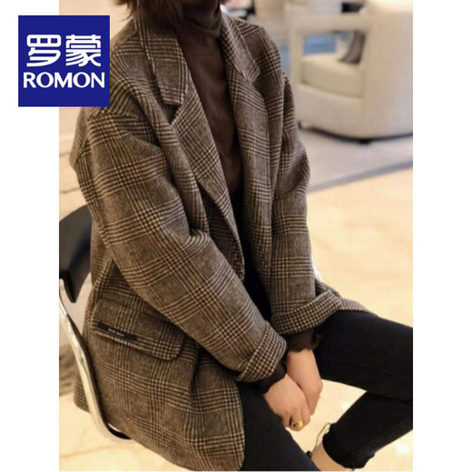 ROMON plus size women's 2025 spring and autumn style plaid suit woolen coat thickened quilted mid-length woolen coat brown 3XL (recommended 160-180Jin Jin equals 0.5 kg)