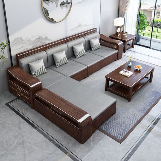 Shetan new Chinese solid wood sofa living room sofa combination purple sandalwood household small apartment living room sofa large sofa no-wash technology cloth cover 1+2+3+long coffee table+square table+TV cabinet