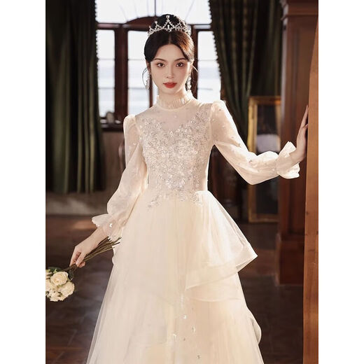 Ovivo wedding dress bridal main yarn 2025 champagne color evening dress skirt female end banquet host birthday art test adult champagne color S