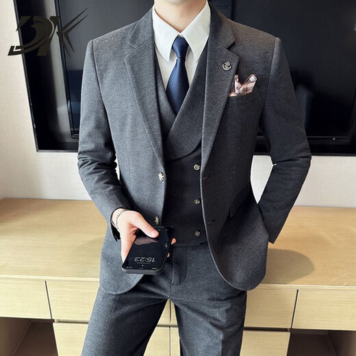 DK brand men's suit suit men's autumn and winter thick suit suit Korean version slim groom wedding formal suit brown suit + trousers plaid style M