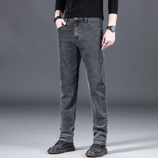 Winter velvet jeans for men, winter thickened, loose, trendy, straight elastic, warm trousers, workwear casual pants 900 gray, autumn and winter, cold protection, velvet 33, recommended 140-150 Jin Jin equals 0.5 kg