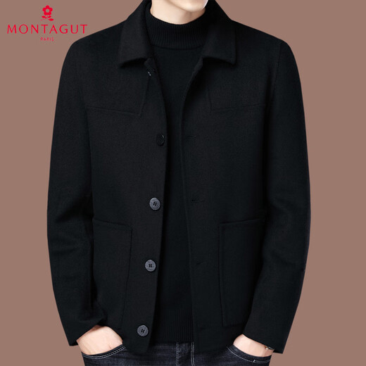 MONTAGUT French double-sided cashmere coat men's middle-aged autumn and winter short lapel jacket wool woolen casual coat black S 165/84A