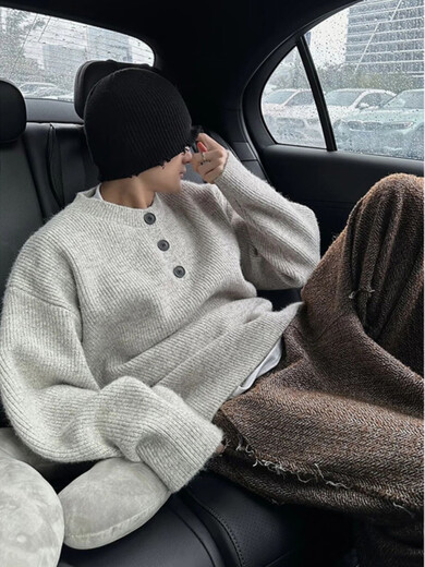 Muwei American retro Henry collar knitted sweater men's autumn cleanfit lazy style high-end woolen jacket Gray XL recommended 125-140Jin Jin equals 0.5 kg