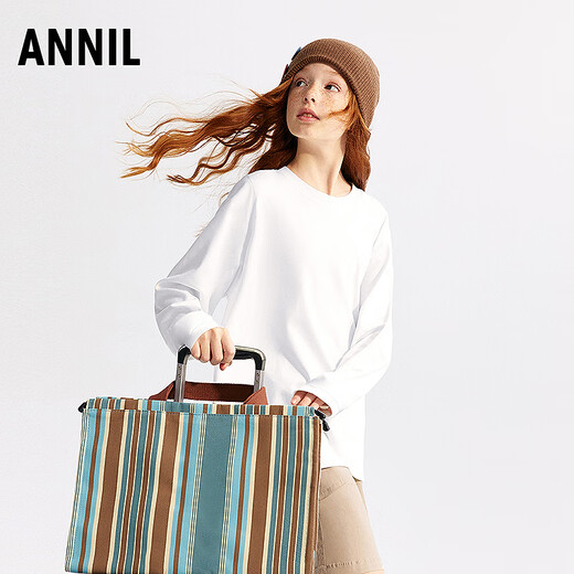 安奈儿速干小白T男女童长袖T恤针织衫2025新款宽松弹力抑菌亲子装 米白 110