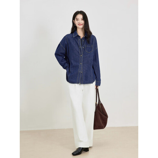 Jingdomeng Dujuan Same Style Dark Blue Denim Shirt Women's 2026 Spring New Lazy Loose Slim Casual Fashion Jacket Dark Blue One Size (120Jin Jin is equal to within 0.5 kg)