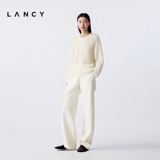 LANCY mohair silk winter new style relaxed cable knit sweater women's round neck off-shoulder sweater off-white XL