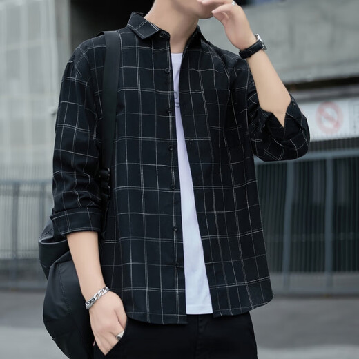 Septwolves Plaid-Hemd Herren-Langarmfrühling und Herbst Revers Loose Casual Jacket Thin K12109 Khaki 4xl