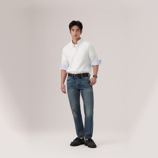 Levi's Levi's men's American retro embroidery casual simple business commuting striped long-sleeved lapel shirt white M