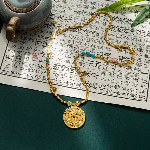 Shantou Lin Village Wei Xue Laopu Eight Treasures Compass Ancient Imitation Sand Gold Pendant Necklace Gold Transfer Beads Enamel Clavicle Chain Gold Weight 52 Grams
