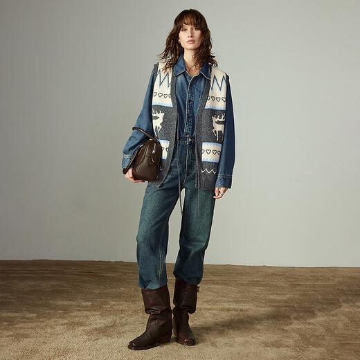 Chuyu Sweater Women's 2025 Winter New Nordic Style Elk Jacquard Arctic Velvet V-neck Sleeveless Jacket Top Dark Gray S