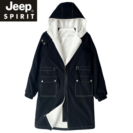 JEEP SPIRIT windbreaker boys mid-length coat autumn and winter plus cashmere loose large size hooded cotton coat British coat men black M 95-120Jin Jin equals 0.5 kg