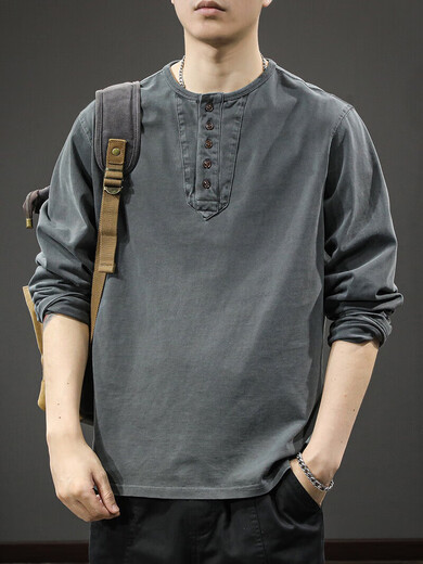 Henry collar new casual sweatshirt men's loose thin spring and autumn trendy brand long-sleeved t-shirt bottoming shirt DHGJ mocha brown L