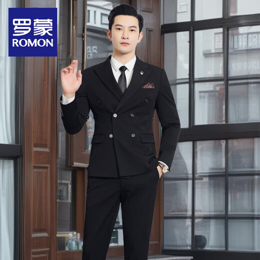 ROMON double-breasted suit suit men's fashion versatile business slim wedding groomsmen dress two-piece suit jacket dark gray two-piece suit + trousers 2XL 135-150Jin Jin equals 0.5 kg