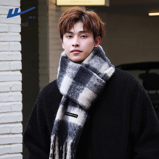 Pull-back scarf for men in winter, lengthened and thickened to keep warm, seahorse hair plaid scarf birthday gift for couples, scarf for women, black and white plaid, classic style