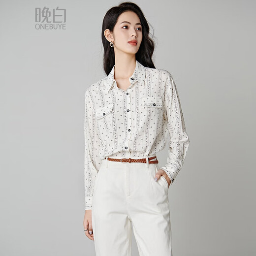 Late White New Product 2025 Autumn Temperament Printed Shirt Skin Friendly Elastic Casual Lapel Shirt for Women Color XL
