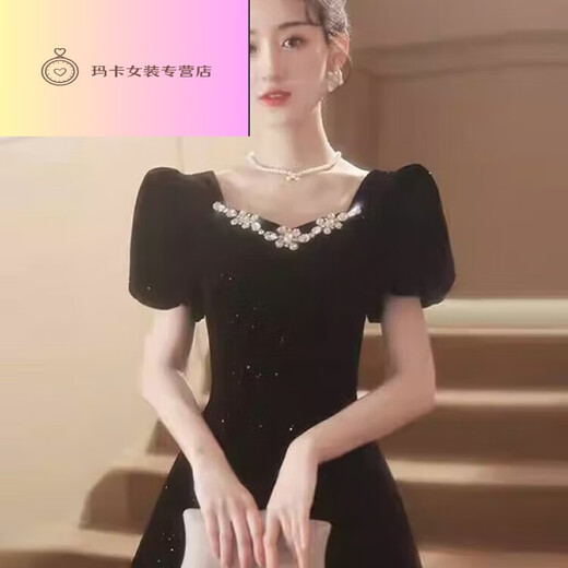 NJTD black evening dress high-end light luxury niche French Hepburn style host female banquet art test ceremony black long sleeves M