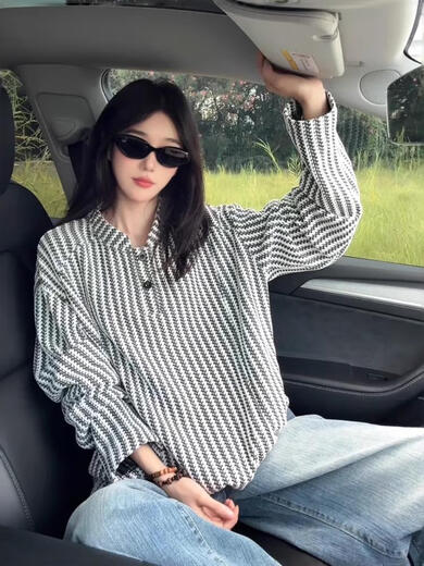 Feimaibo herringbone pattern American Henry collar sweatshirt for men in autumn heavy houndstooth long-sleeved T-shirt with bottoming shirt for men white M M recommended 105-120 Jin Jin equals 0.5 kg