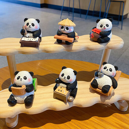 National treasure panda playing music, chess, calligraphy and painting small ornaments, cute small ornaments, cultural and creative gifts, desktop decorations, resin crafts, national trend panda - 6-piece set