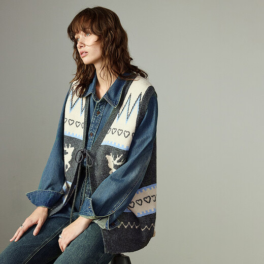 Chuyu Sweater Women's 2025 Winter New Nordic Style Elk Jacquard Arctic Velvet V-neck Sleeveless Jacket Top Dark Gray S