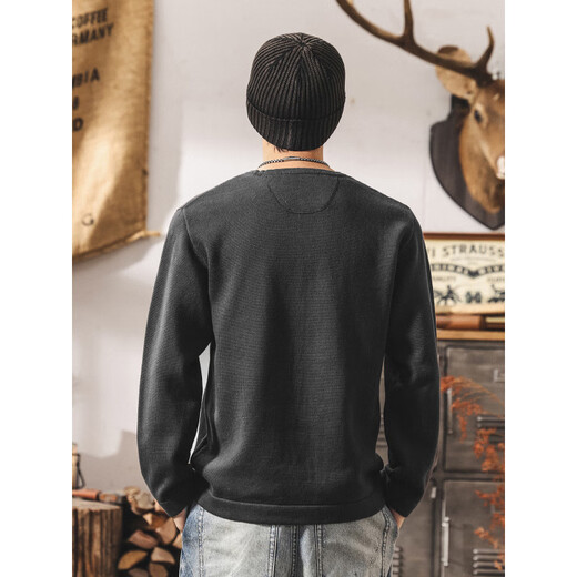 Mao Rong Warm Autumn American Revival Old Money Henry Collar Sweater Men's Spring and Autumn New Style Knitted Sweater Top Loose Lazy Style Wool Blue Gray S_Suitable for 90-110Jin Jin is equal to 0.5 kg