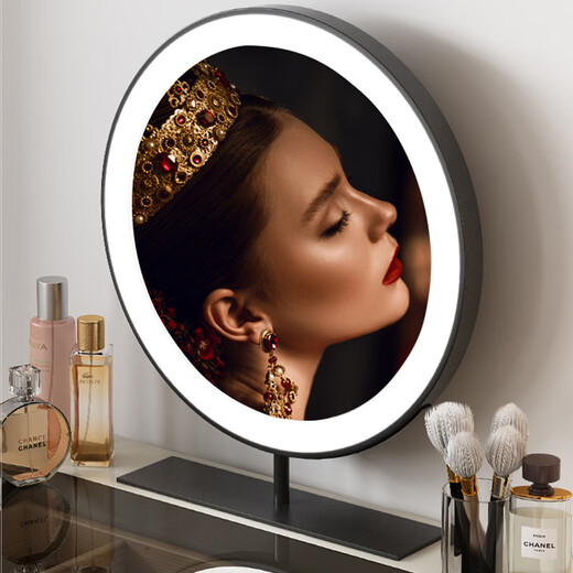 Cosmetic Mirror LED Rechargeable Large Round Mirror Bedroom Simple Smart Cosmetic Mirror with Light Light Luxurious Desktop Mirror Cosmetic Mirror Deep Black 40CM Plug-in Fixed Model