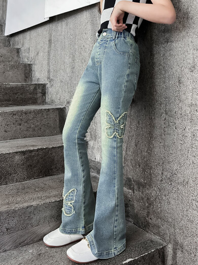 Girls' Butterfly Embroidered Flare Pants 2025 Autumn and Winter New Retro Milf Jeans for Big Kids with Velvet Plus SN5236 Blue Spring and Autumn Style MEF Butterfly Flared Pants cm 120