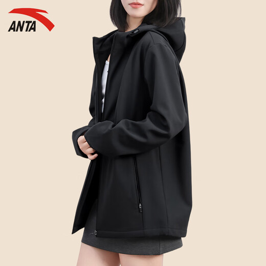 ANTA (ANTA) Jacket Women's Winter New Style Velvet Water-Repellent Women's Sportswear Hooded Cardigan Jacket Casual Top Basic Black L (175) Suitable for 125-140 Jin Jin equals 0.5 kg
