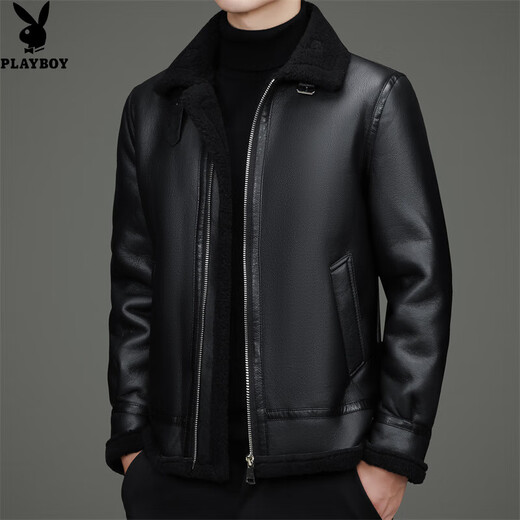 Playboy Plush Leather Jacket Men's Winter Thickened Warm Leather Jacket Fur All-in-One Jacket Fashion Casual Leather Jacket Black XL